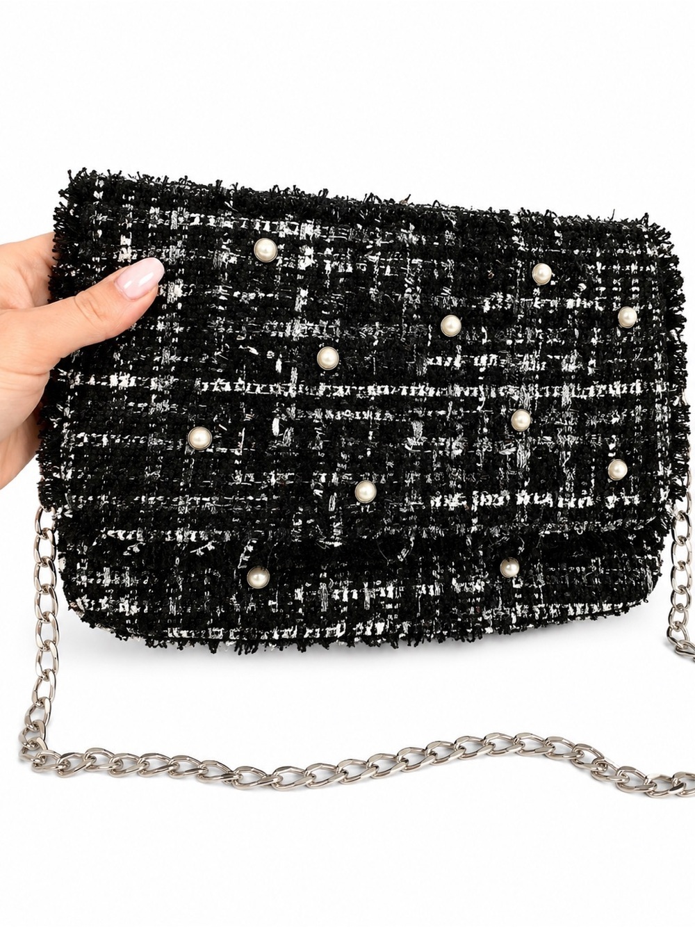 New Pearl Black Purse Chain Handle Clutch